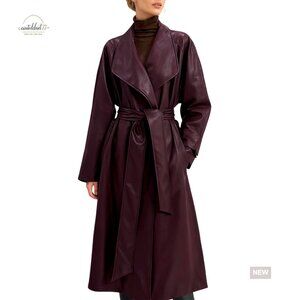 Faux Leather Trench Coat Classic Lapel Belted Long Blazer Jacket Chic